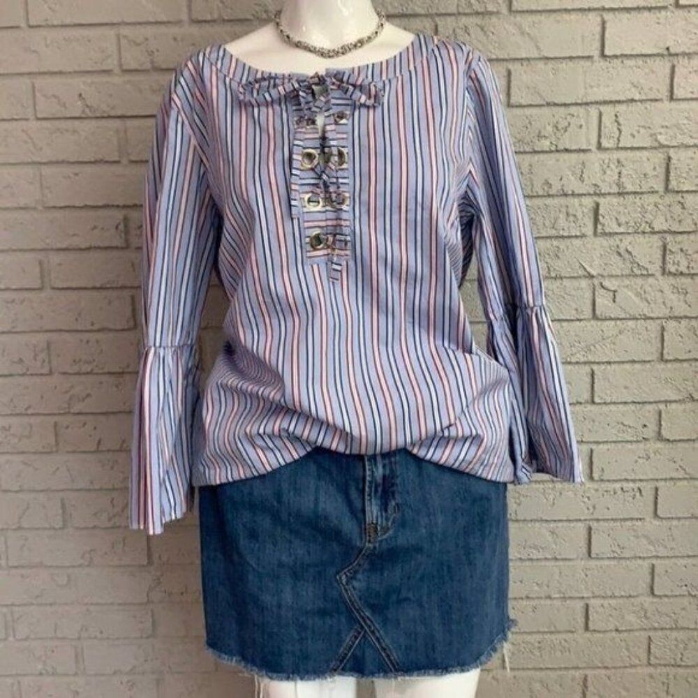 Tommy Hilfiger Women Bell Sleeve Lace-Up Striped Blouse Size L